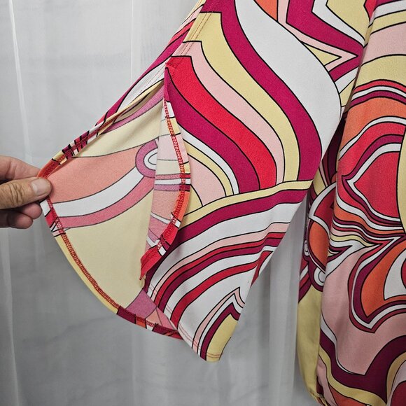 Vintage Chico's Retro Psychedelic Mod Blouse Pink Yellow 90s Festival 2 (L) - Picture 3 of 11